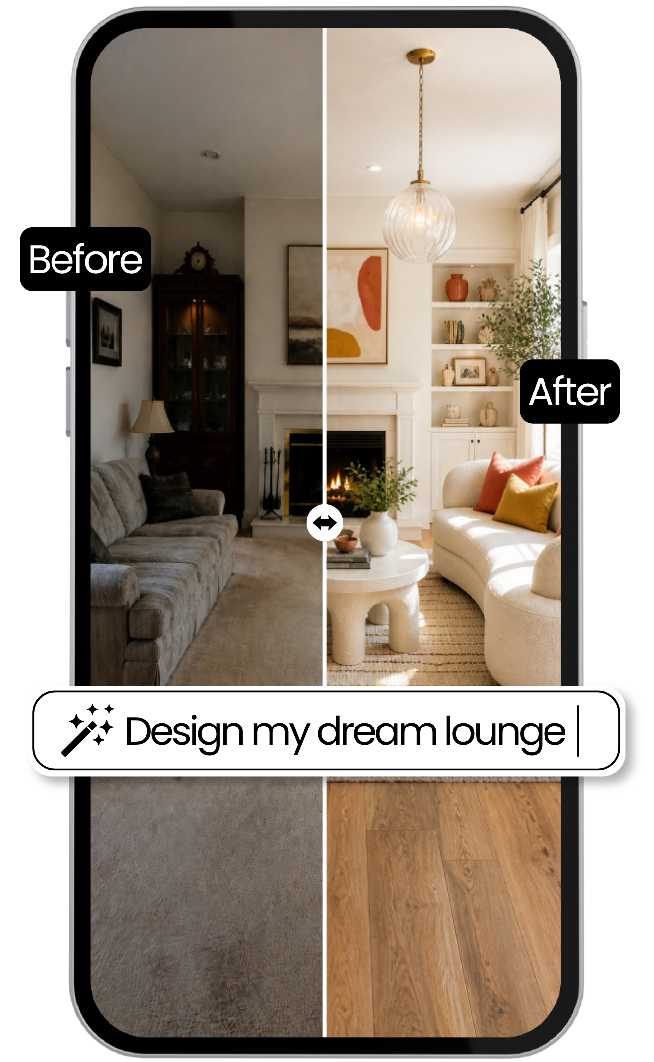 RoomWise before-and-after living room design preview