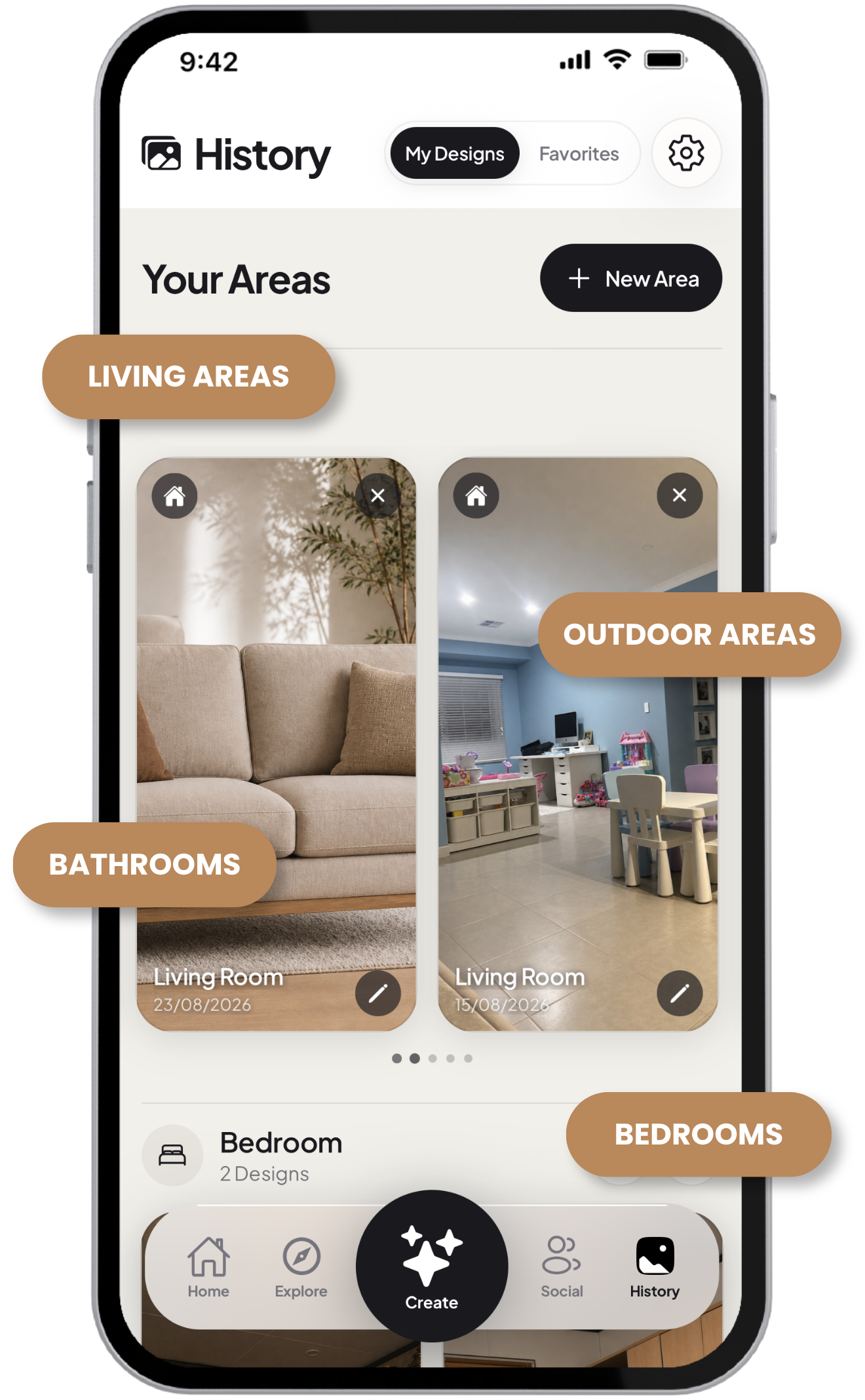 RoomWise History with saved room and area designs
