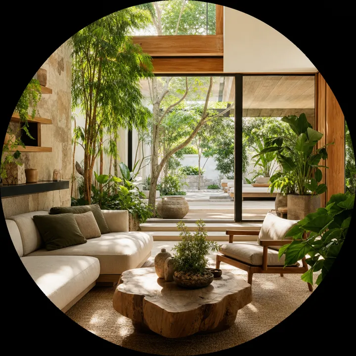 Biophilic living room with layered indoor planting and natural timber