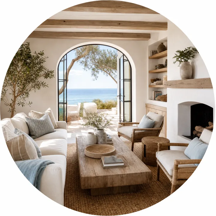 Airy coastal living room with pale timber and ocean blues