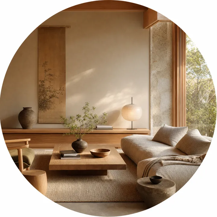 Warm timber and natural textures in a Japandi living room