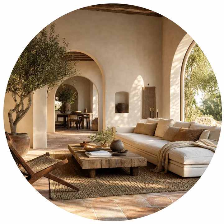 Textured Mediterranean living room with warm terracotta accents